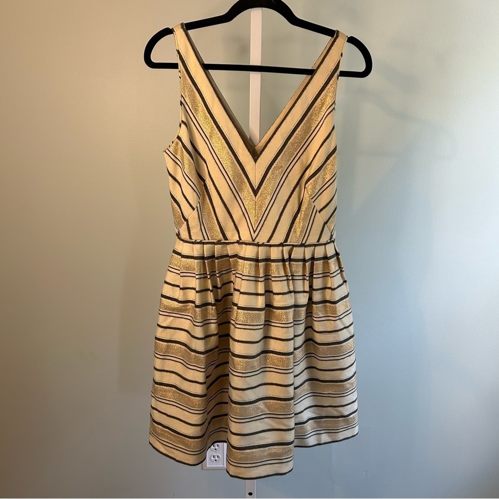 J. Crew Gold Metallic Stripe Flare Dress - Picture 2 of 6